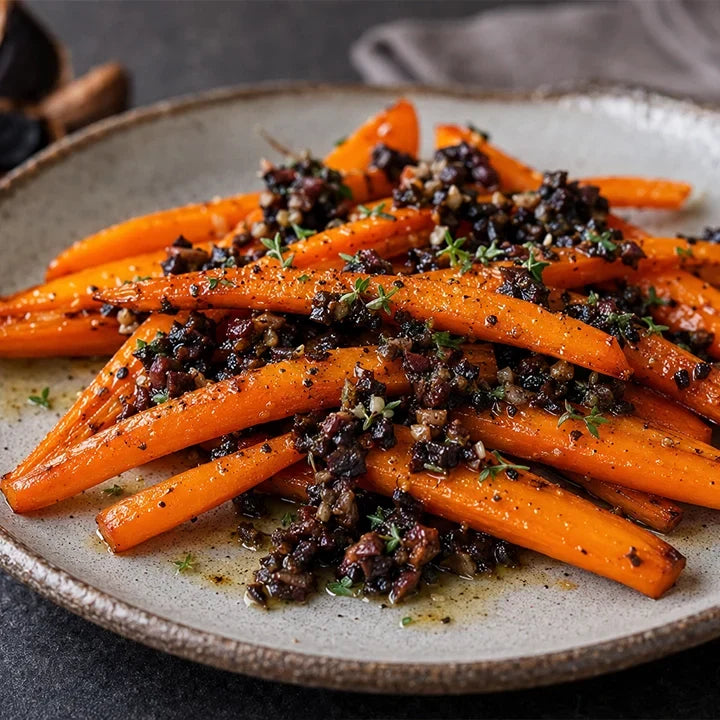 Carottes poêlées et sa sauce à l’ail noir d’Aomori