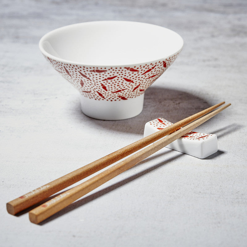 Dúo de bol de arroz y soporte de palillos de porcelana Nikko