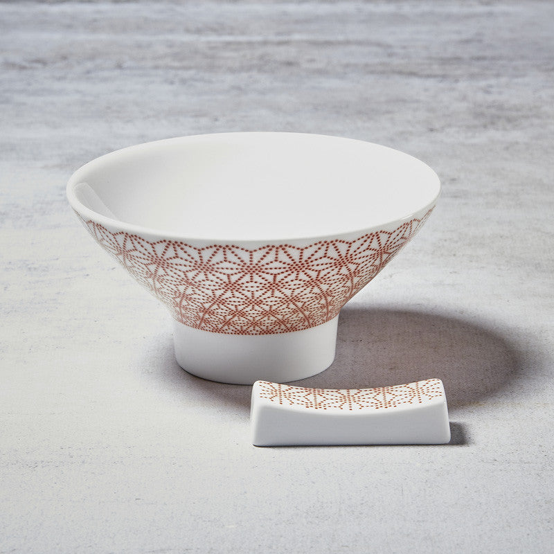 Dúo de bol de arroz y soporte de palillos de porcelana Nikko