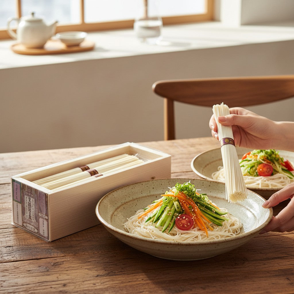 NISHIKIDORI 2026 Somen Ibonoito Yoritsumugi fideos finos blancos en una caja de madera