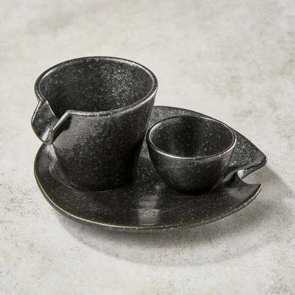 Service à saké individuel Katakuchi 3 pièces, design noir argenté