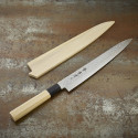 Cuchillo rebanador con 45 capas en acero de Damasco y hoja martillada de 240 mm