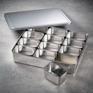12 Mini bacs rectangulaires à ingrédients dans leur bac et couvercle Plats - grilles - bacs gastro