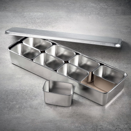 8 Mini bacs rectangulaires à ingrédients dans leur bac et couvercle Plats - grilles - bacs gastro