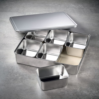 6 Mini bacs carrés à ingrédients dans leur bac et couvercle Plats - grilles - bacs gastro