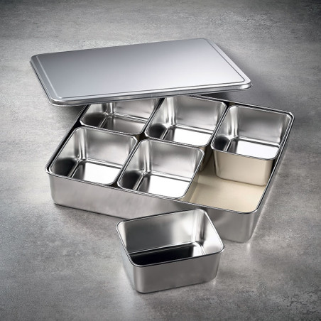 6 Mini Ingredient Square Bins i sin bricka och platta lock - gastrockar