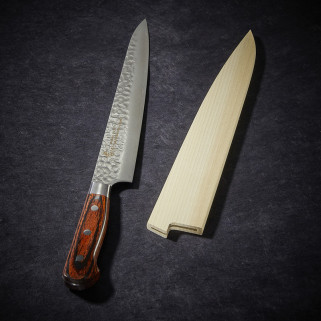 Cuchillo rebanador con 33 capas en acero de Damasco y hoja martillada de 240 mm
