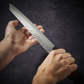 Sashimi Kengata Yanagiba knife, Damascus 33 layers hammered blade 270 mm