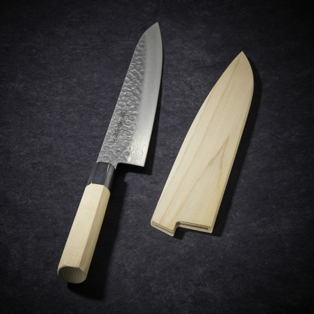 Cuchillo chef con 45 capas en acero de Damasco y hoja martillada de 240 mm