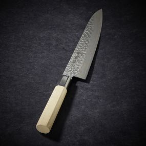 Cuchillo chef con 45 capas en acero de Damasco y hoja martillada de 240 mm