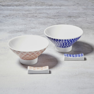Pair of porcelain rice bowls and chopstick holders