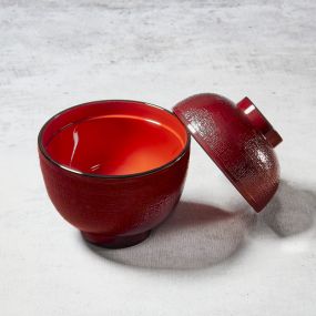 Traditional miso soup bowl with random lines and fabric pattern