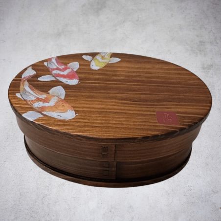 Lacquered cedar wood bento box with koi design, 700 ml, 180*135*68 mm