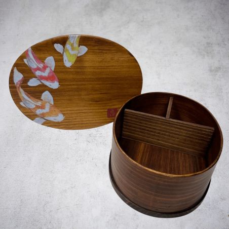 Lacquered cedar wood bento box with koi design, 700 ml, 18013568 mm