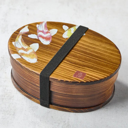 Lacquered cedar wood bento box with koi design, 700 ml, 18013568 mm