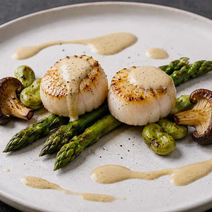 Noix de Saint-Jacques grillées et champignons shiitaké