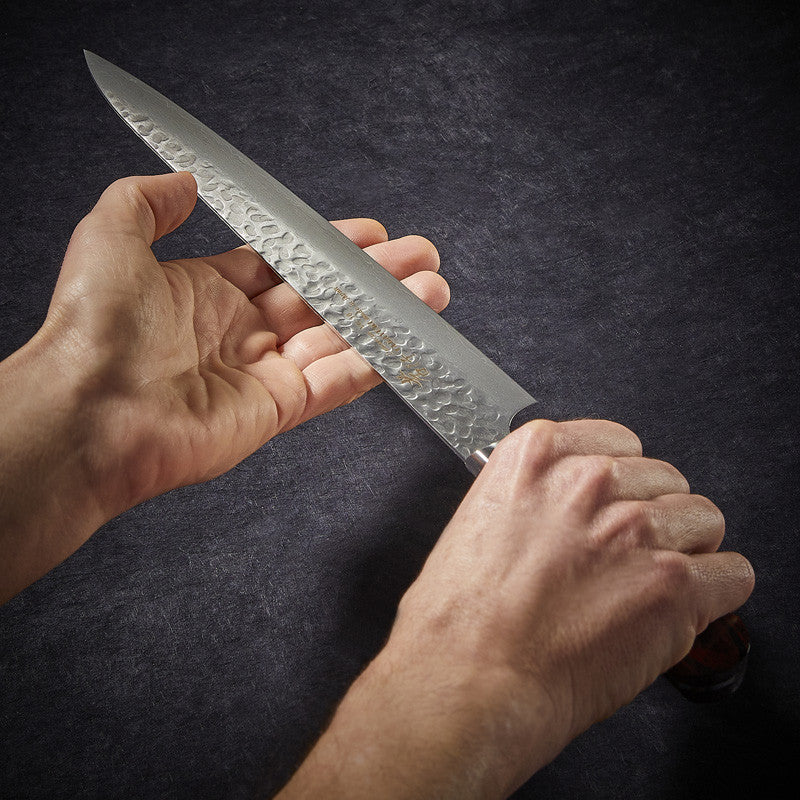 Slicer knife, 33-layer hammered Damascus blade 240 mm