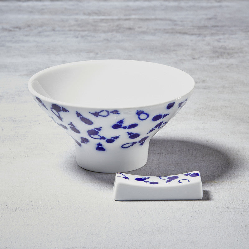 Dúo de bol de arroz y soporte de palillos de porcelana Nikko