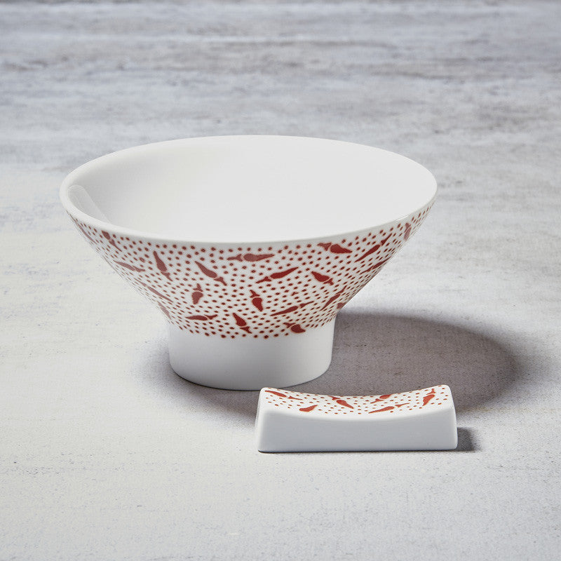 Dúo de bol de arroz y soporte de palillos de porcelana Nikko